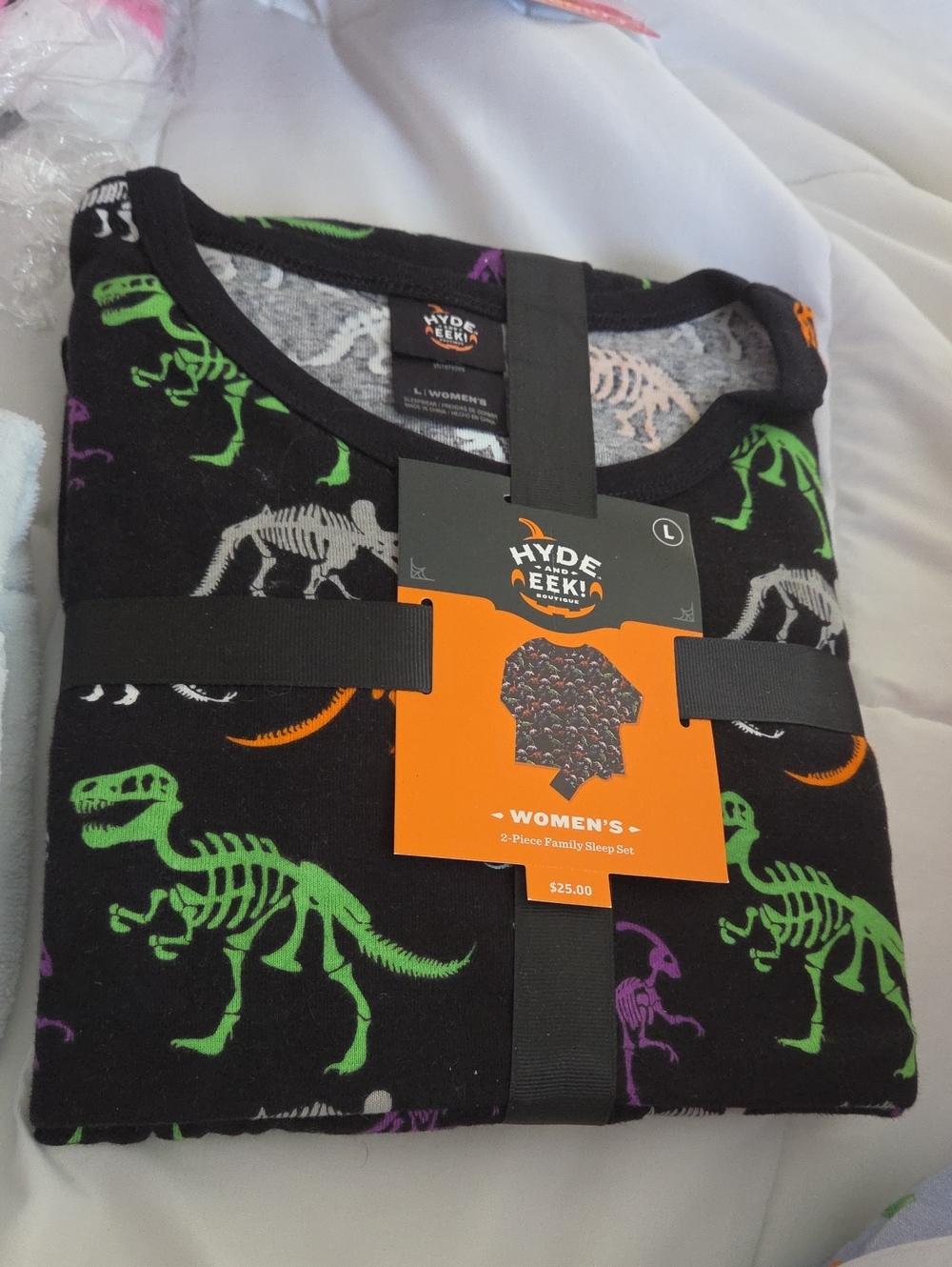 Women's Black Long Sleeve Tee with Multicolor Dinosaur Skeletons